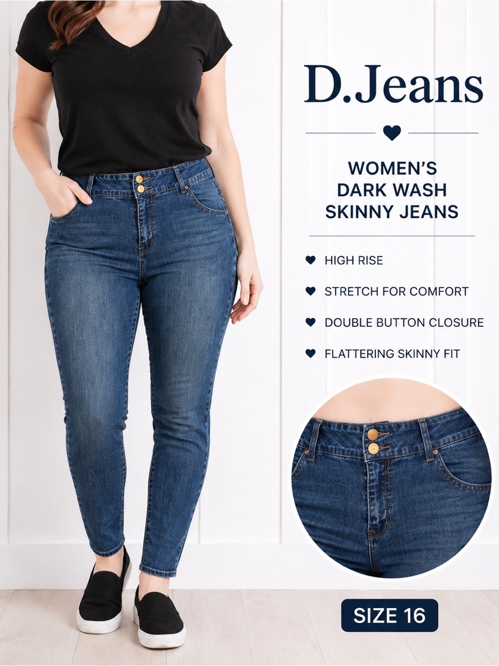 D.Jeans High Rise Skinny Jeans Dark Wash Stretch Size 16 Women’s